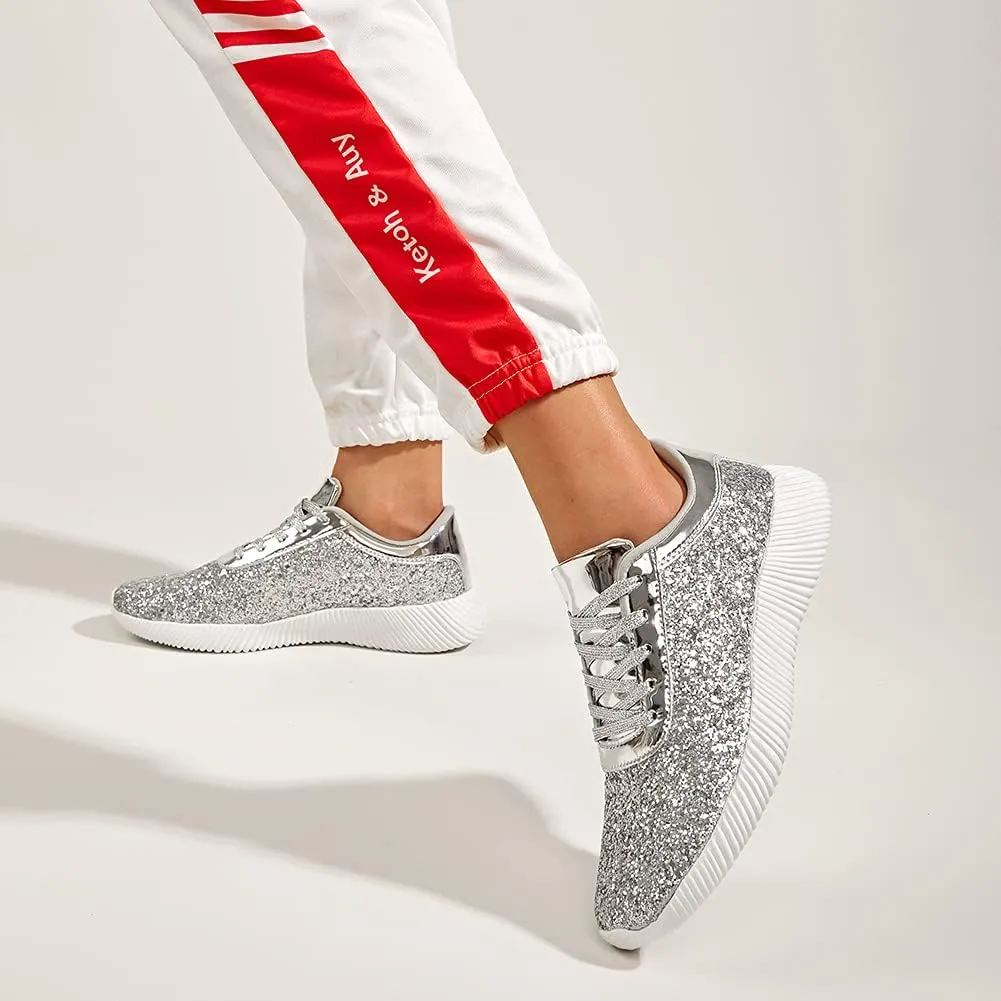 BELOS Women's Glitter Shoes Sparkly Lightweight Metallic Sequins Tennis Shoes Casual Retro Braided Walking Shoes