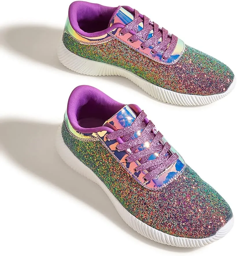 BELOS Women's Glitter Shoes Sparkly Lightweight Metallic Sequins Tennis Shoes Casual Retro Braided Walking Shoes