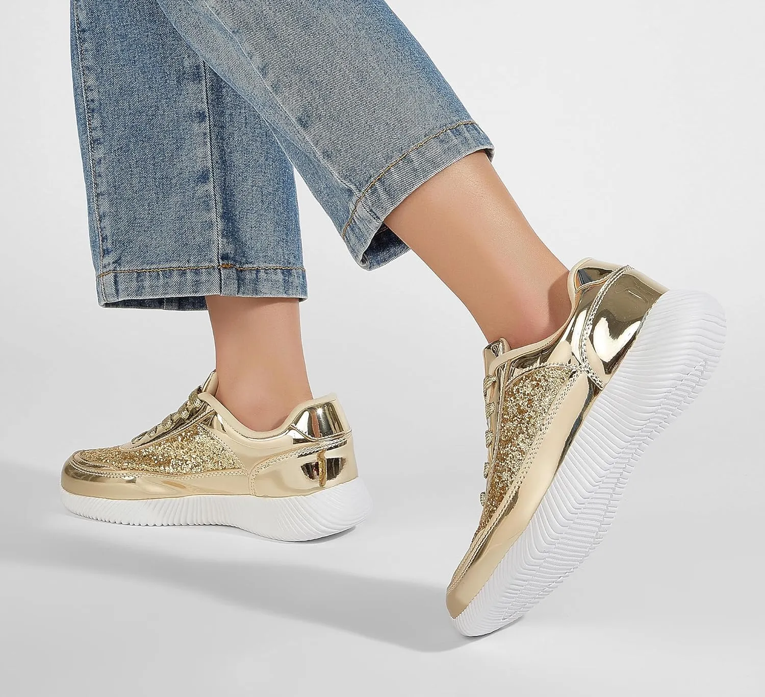 BELOS Women's Glitter Shoes Sparkly Lightweight Metallic Sequins Tennis Shoes Casual Retro Braided Walking Shoes
