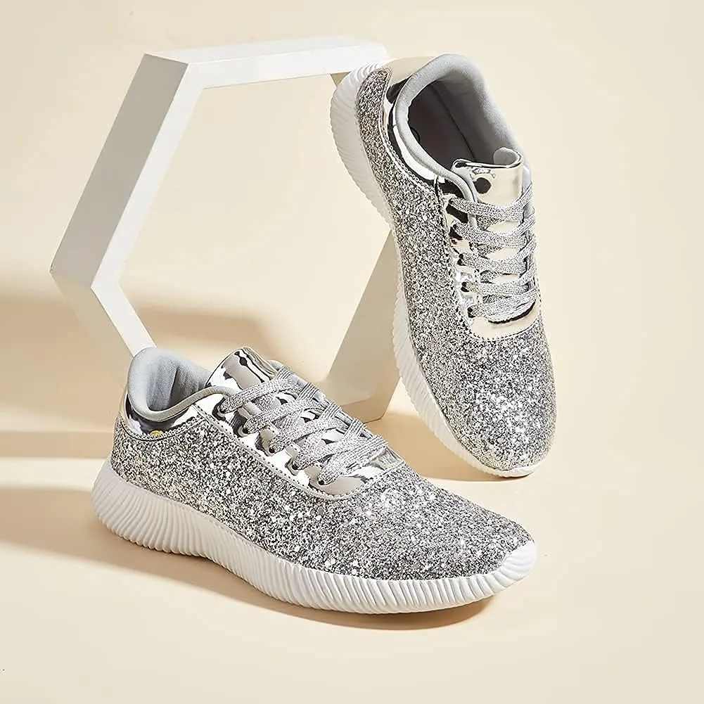 BELOS Women's Glitter Shoes Sparkly Lightweight Metallic Sequins Tennis Shoes Casual Retro Braided Walking Shoes