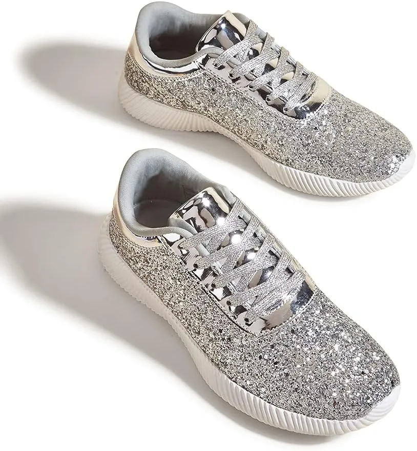 BELOS Women's Glitter Shoes Sparkly Lightweight Metallic Sequins Tennis Shoes Casual Retro Braided Walking Shoes
