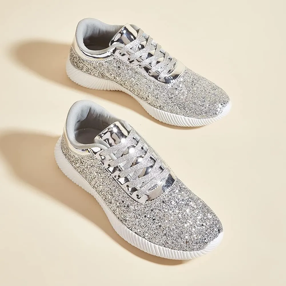 BELOS Women's Glitter Shoes Sparkly Lightweight Metallic Sequins Tennis Shoes Casual Retro Braided Walking Shoes