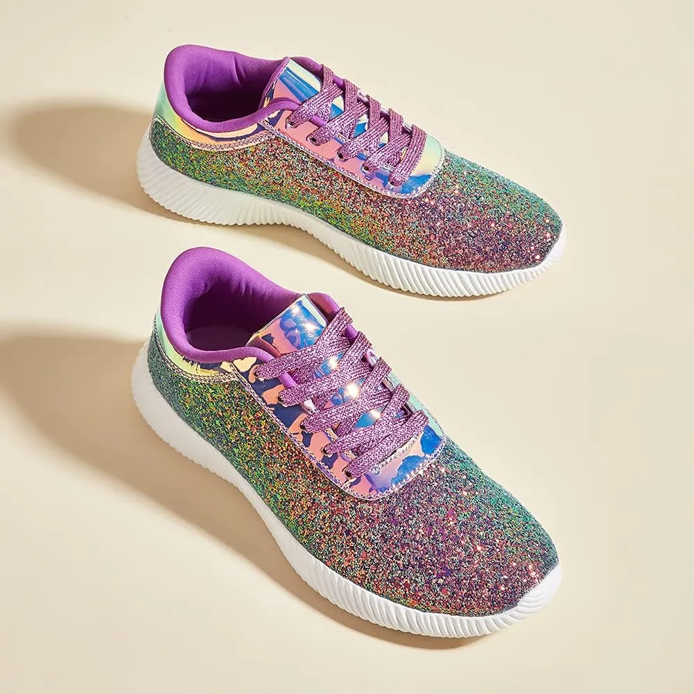 BELOS Women's Glitter Shoes Sparkly Lightweight Metallic Sequins Tennis Shoes Casual Retro Braided Walking Shoes