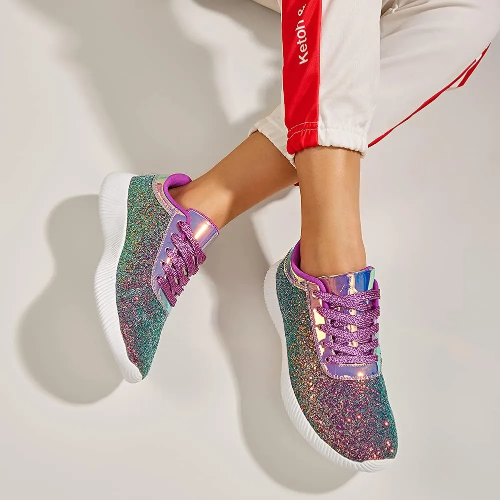 BELOS Women's Glitter Shoes Sparkly Lightweight Metallic Sequins Tennis Shoes Casual Retro Braided Walking Shoes