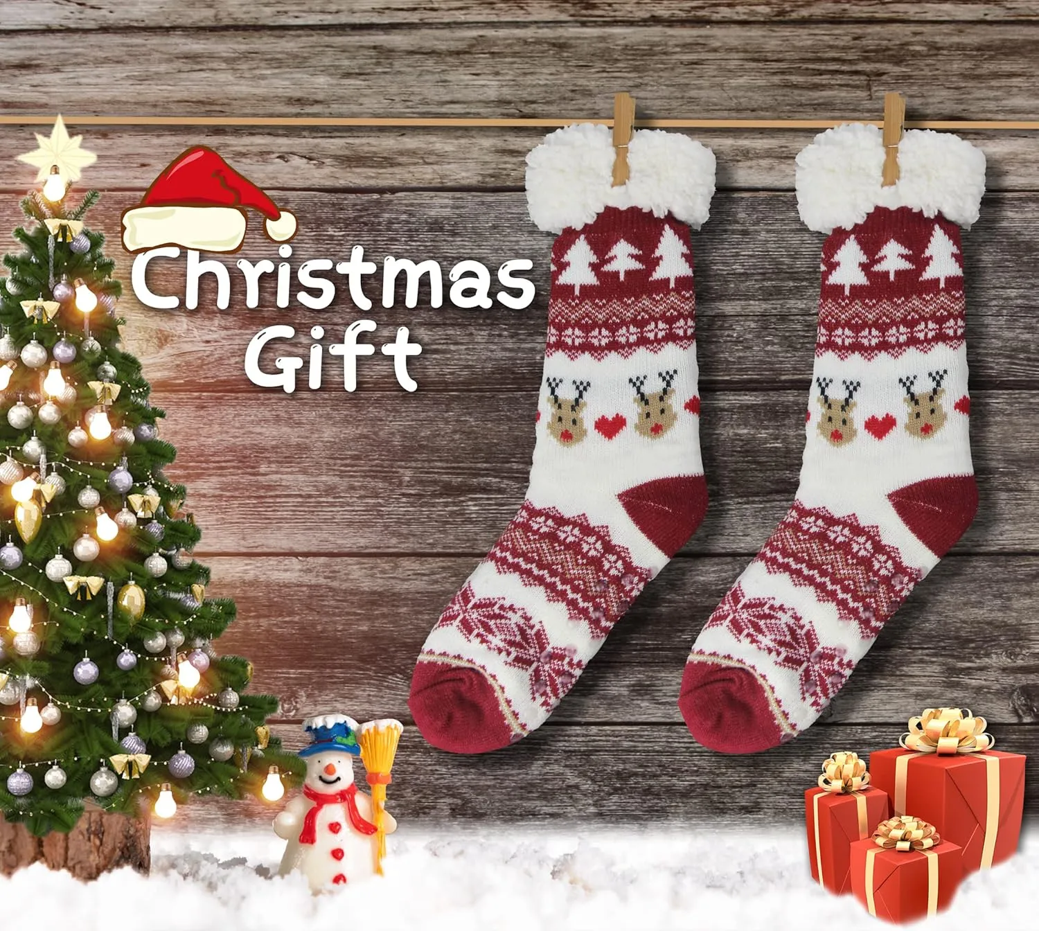 BenSorts Women Winter Thick Slipper Socks with Grippers Non Slip Warm Fuzzy Socks Christmas Gifts