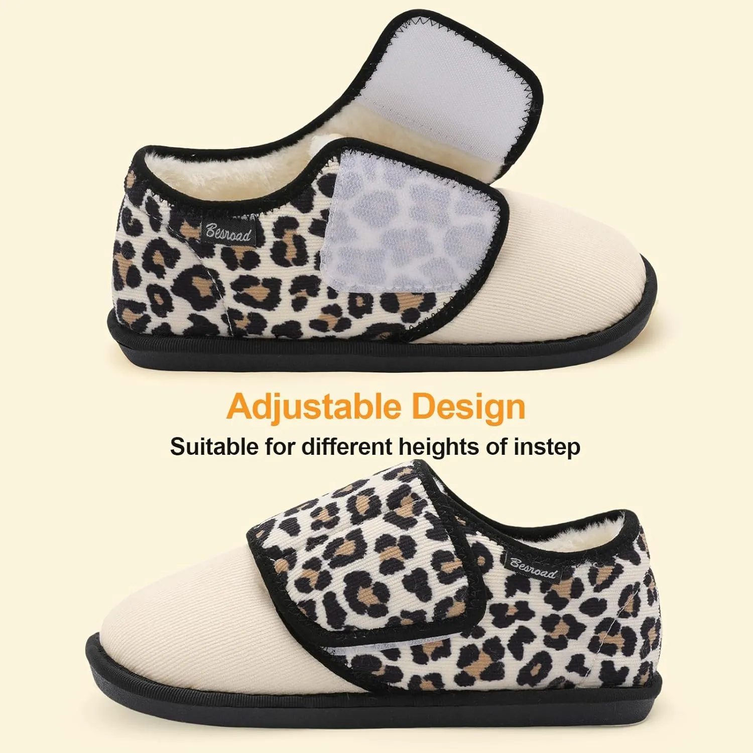 Besroad Womens Furry Memory Foam House Slippers Wide Diabetic Shoes Adjustable Bedroom Slippers Arthritis Edema Swollen House Shoes Indoor Outdoor