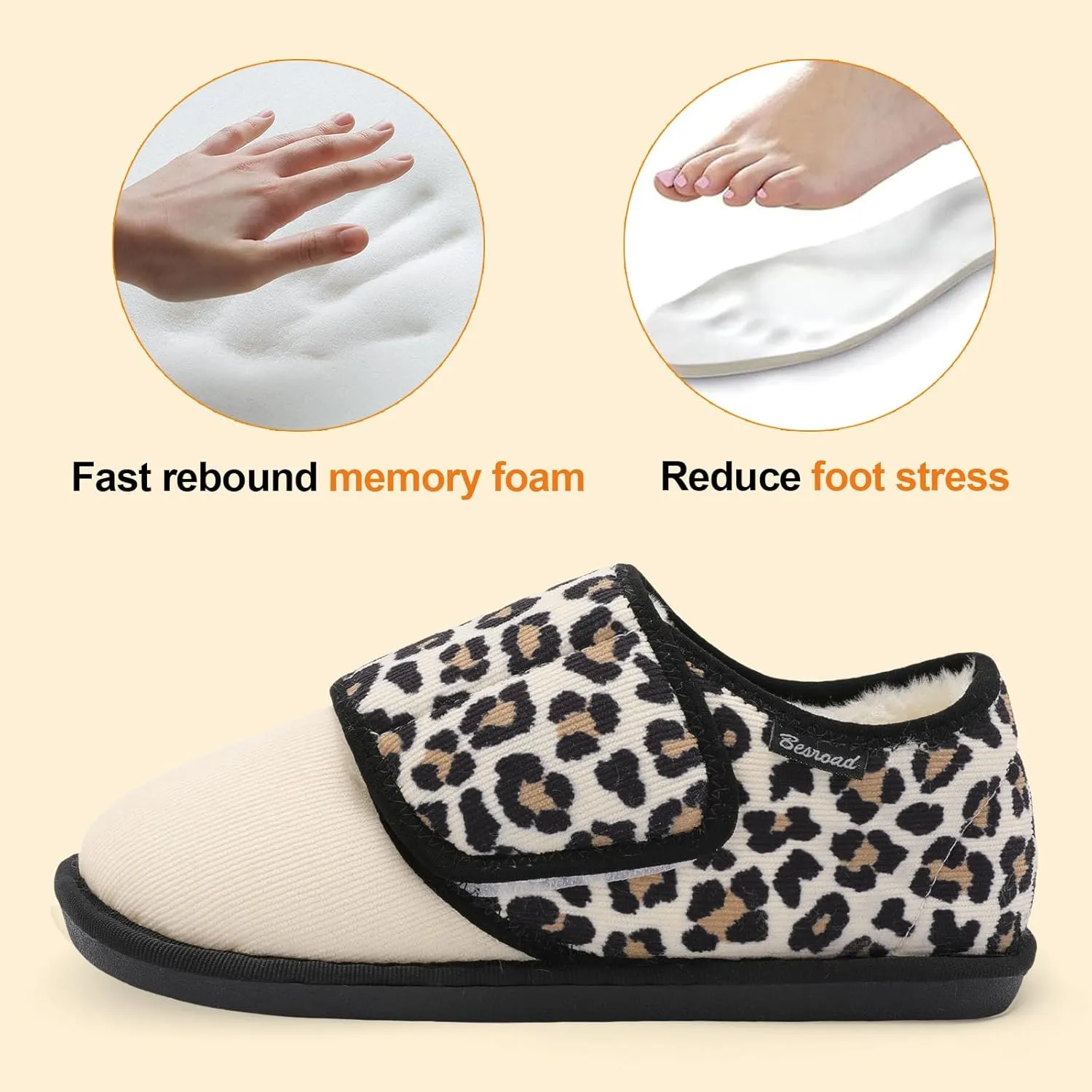 Besroad Womens Furry Memory Foam House Slippers Wide Diabetic Shoes Adjustable Bedroom Slippers Arthritis Edema Swollen House Shoes Indoor Outdoor