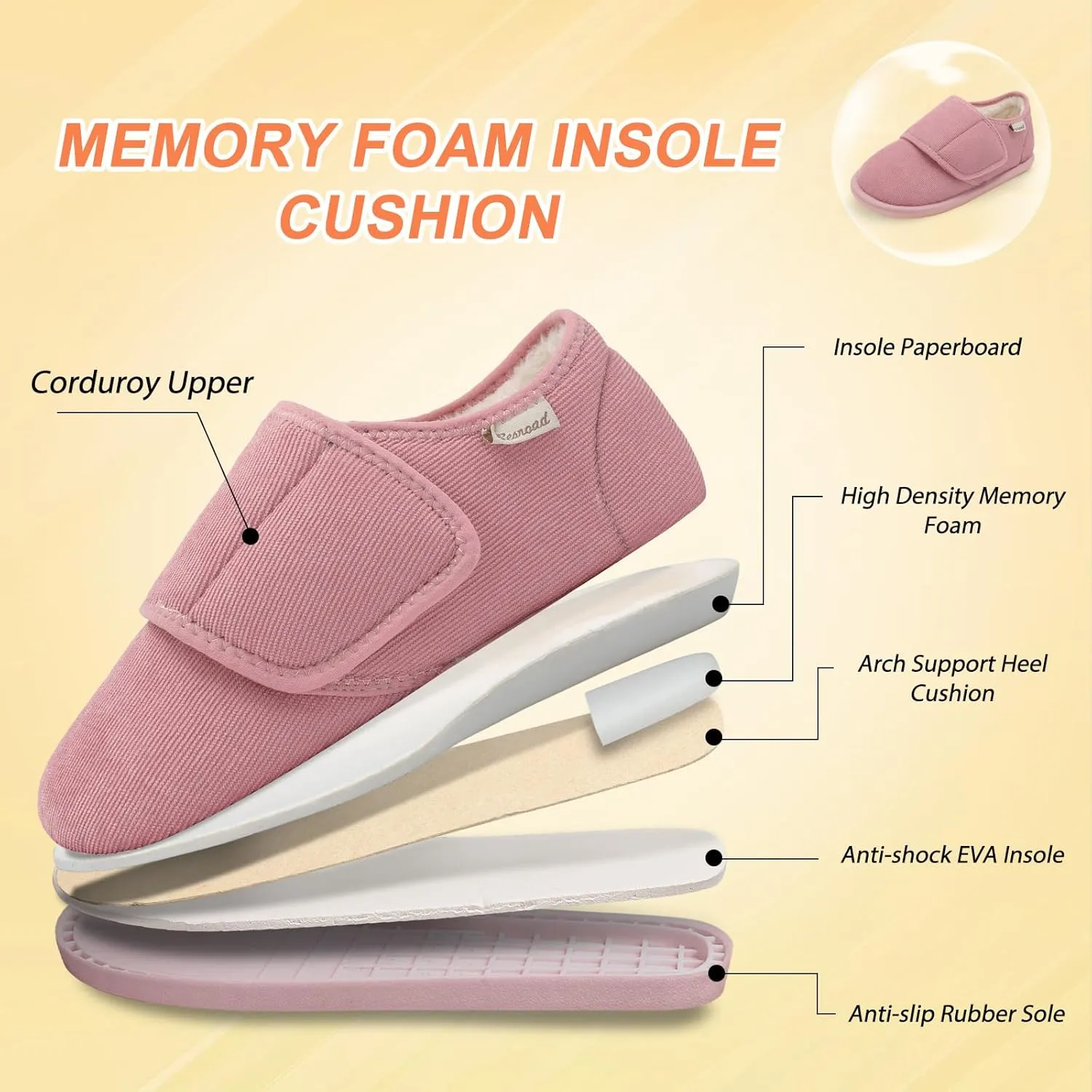 Besroad Womens Furry Memory Foam House Slippers Wide Diabetic Shoes Adjustable Bedroom Slippers Arthritis Edema Swollen House Shoes Indoor Outdoor