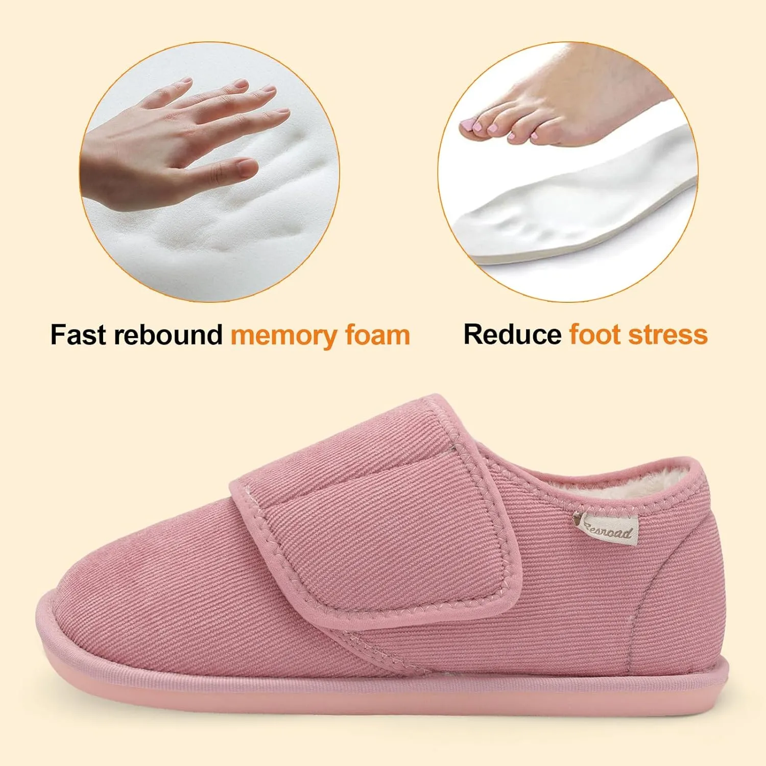 Besroad Womens Furry Memory Foam House Slippers Wide Diabetic Shoes Adjustable Bedroom Slippers Arthritis Edema Swollen House Shoes Indoor Outdoor