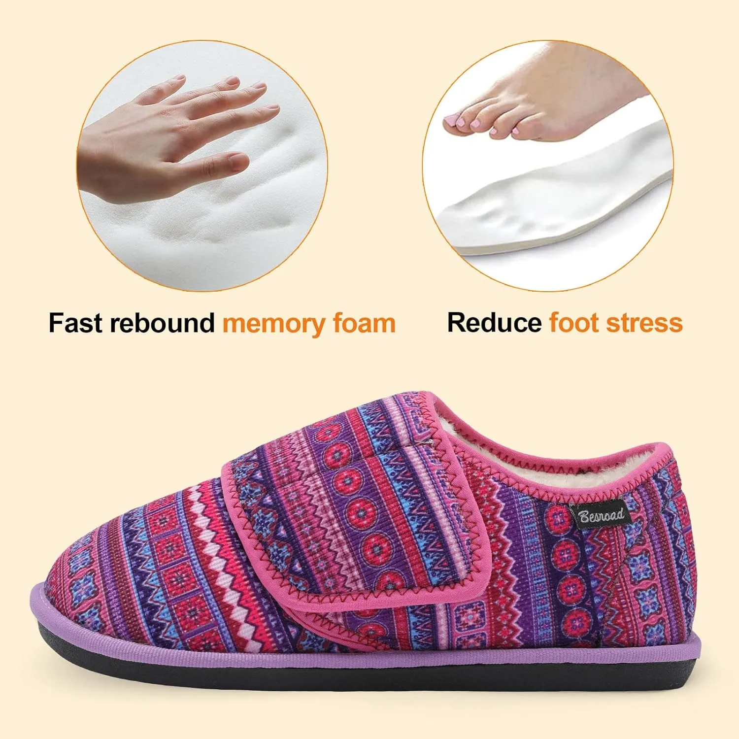 Besroad Womens Furry Memory Foam House Slippers Wide Diabetic Shoes Adjustable Bedroom Slippers Arthritis Edema Swollen House Shoes Indoor Outdoor