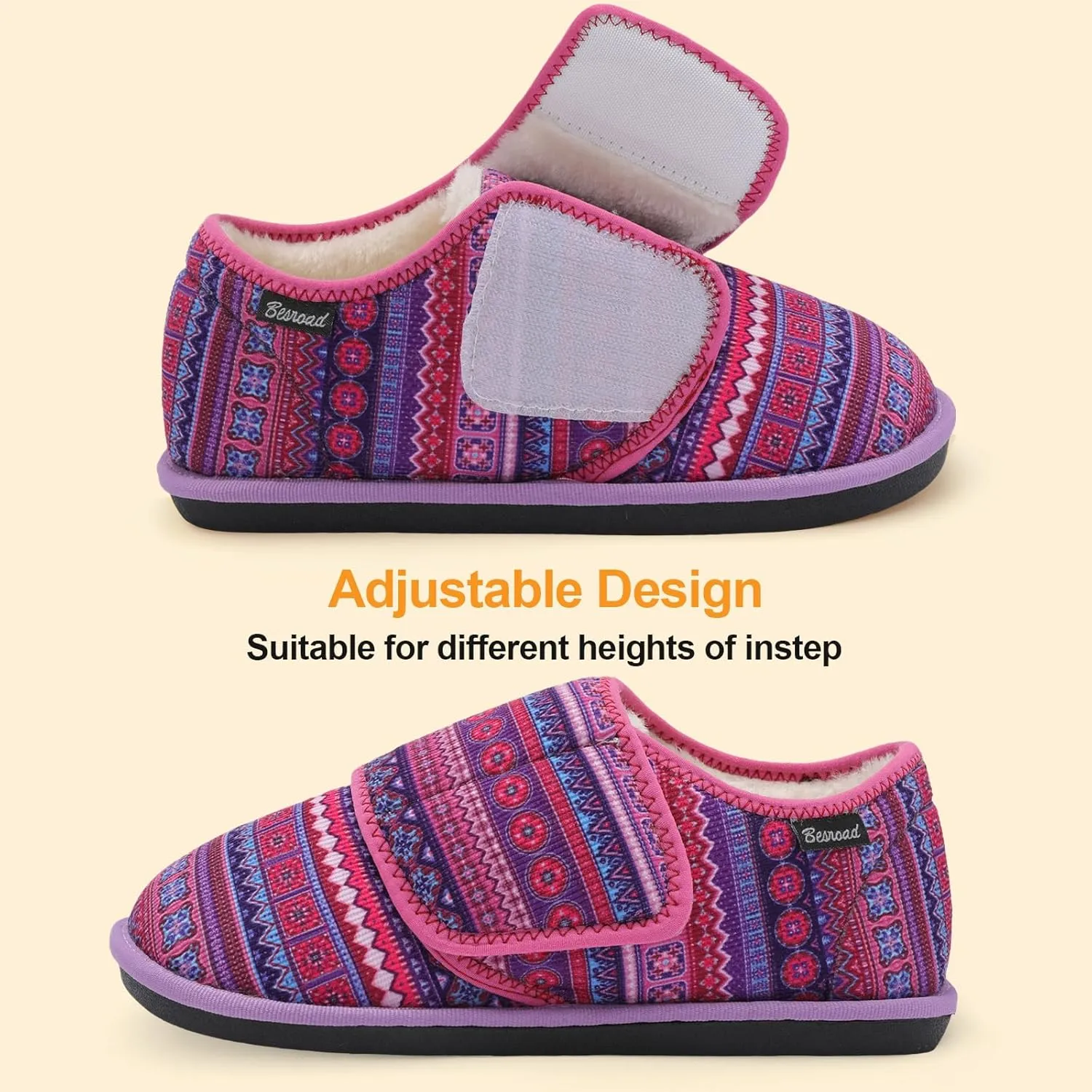Besroad Womens Furry Memory Foam House Slippers Wide Diabetic Shoes Adjustable Bedroom Slippers Arthritis Edema Swollen House Shoes Indoor Outdoor