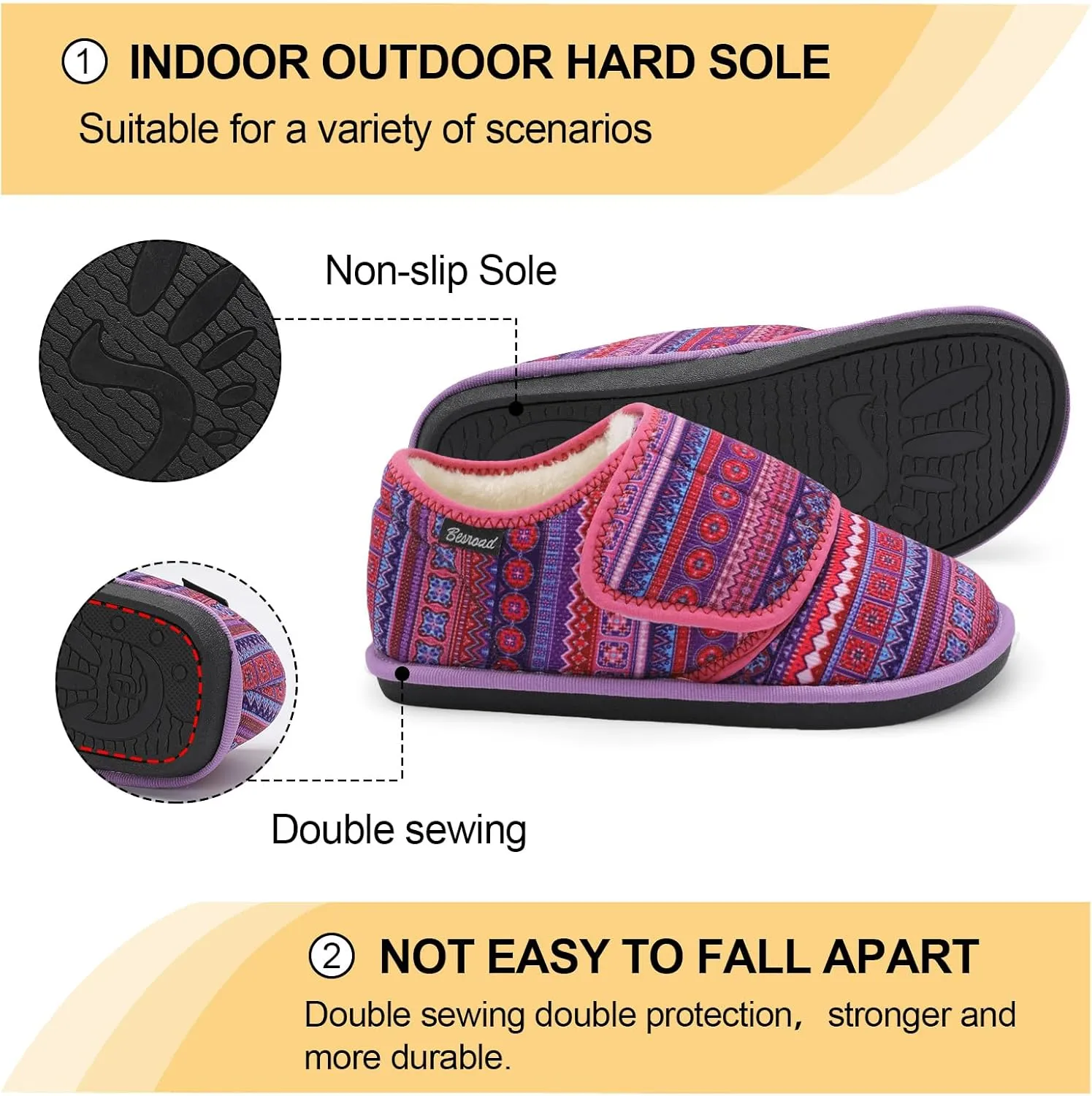 Besroad Womens Furry Memory Foam House Slippers Wide Diabetic Shoes Adjustable Bedroom Slippers Arthritis Edema Swollen House Shoes Indoor Outdoor