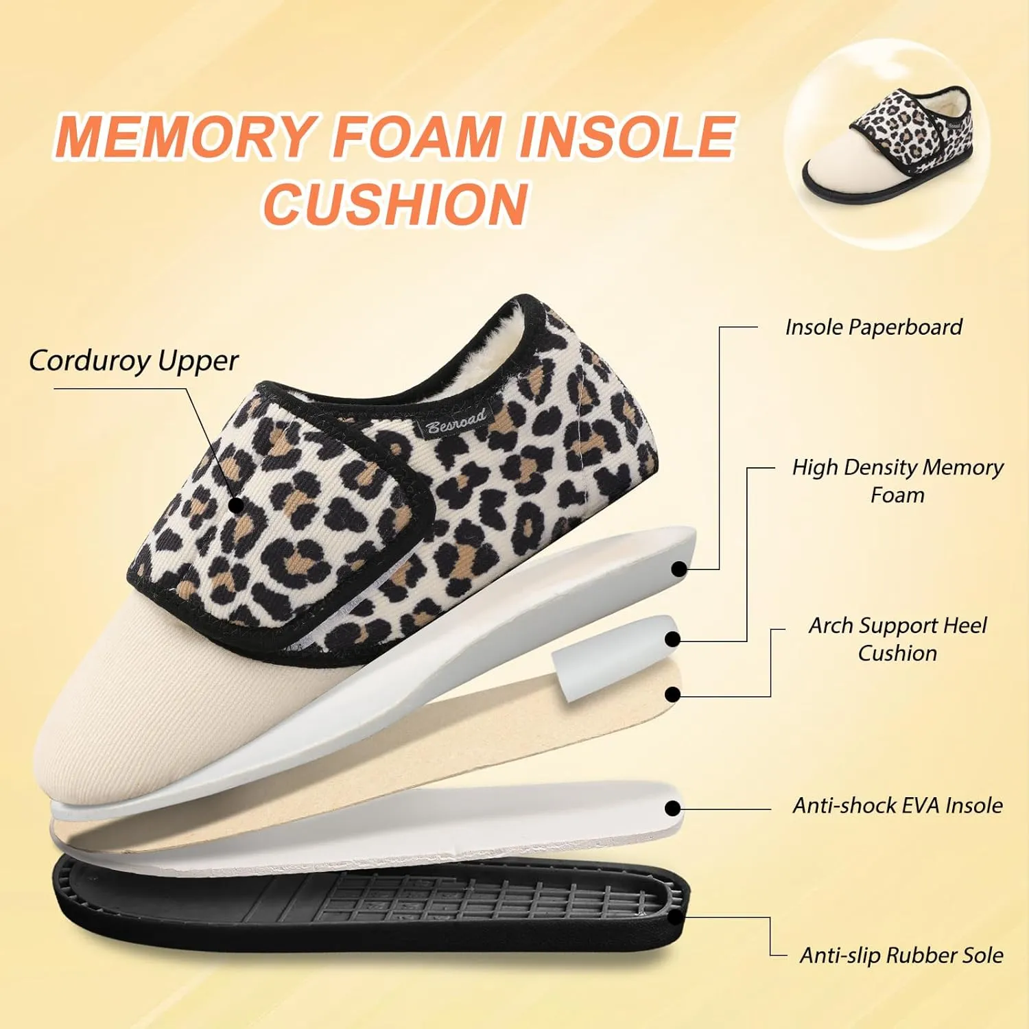 Besroad Womens Furry Memory Foam House Slippers Wide Diabetic Shoes Adjustable Bedroom Slippers Arthritis Edema Swollen House Shoes Indoor Outdoor