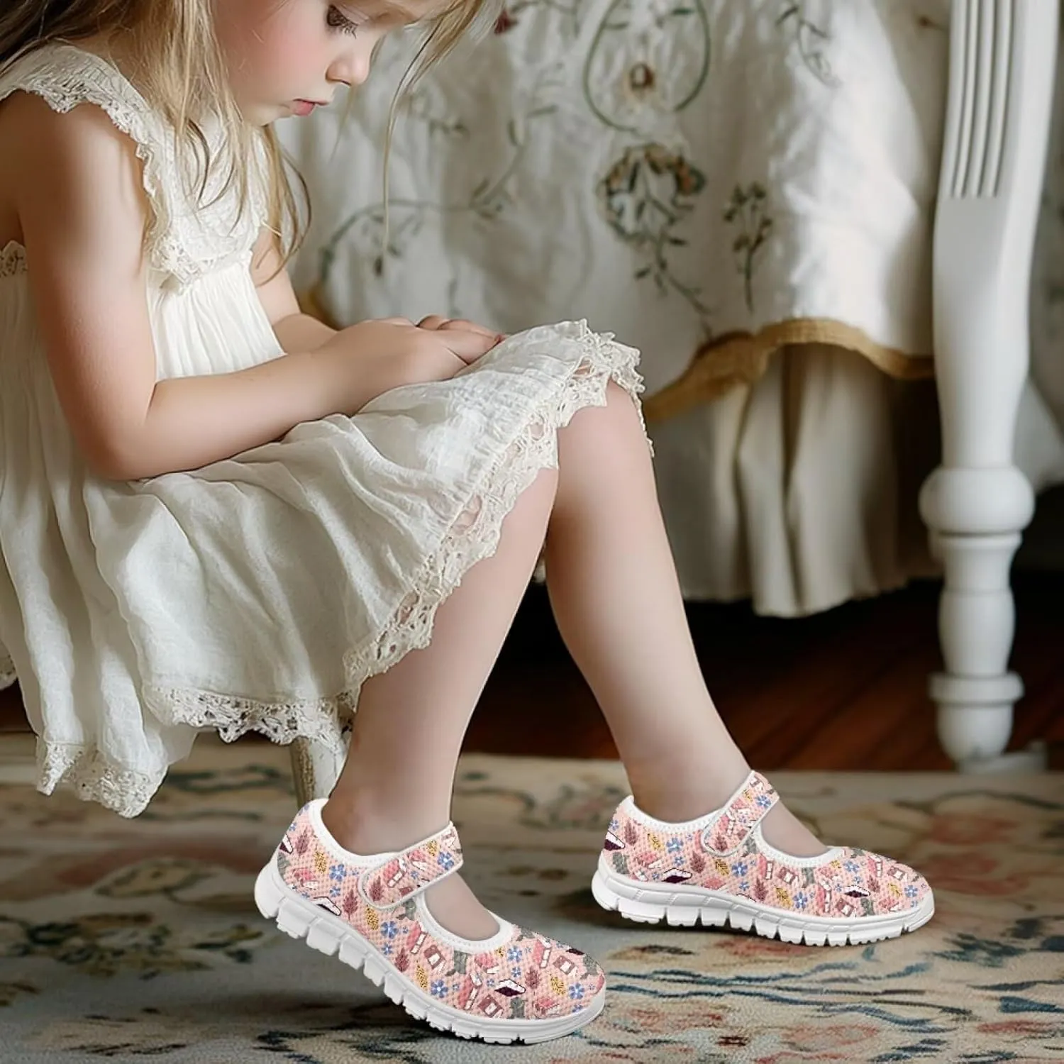 Binienty Girls School Uniform Shoes Classical Flats Mary Jane Sneakers Breathable Mesh Flat Shoes