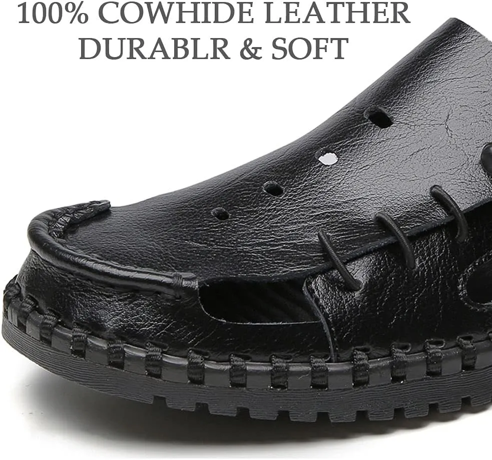 Bitiger Mens Closed Toe Leather Sandals Outdoor Adjustable Fisherman Sandals