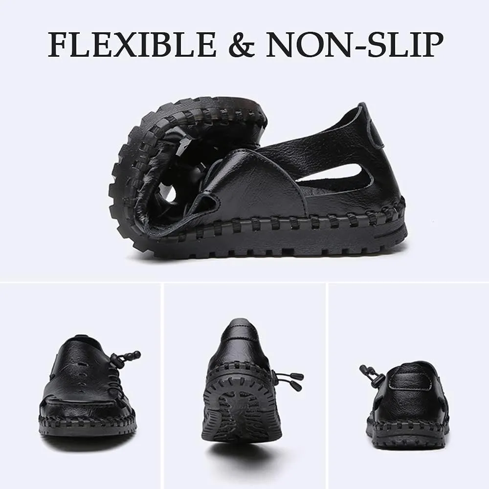 Bitiger Mens Closed Toe Leather Sandals Outdoor Adjustable Fisherman Sandals