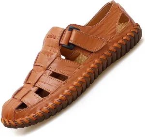 Bitiger Mens Closed Toe Leather Sandals Outdoor Adjustable Fisherman Sandals