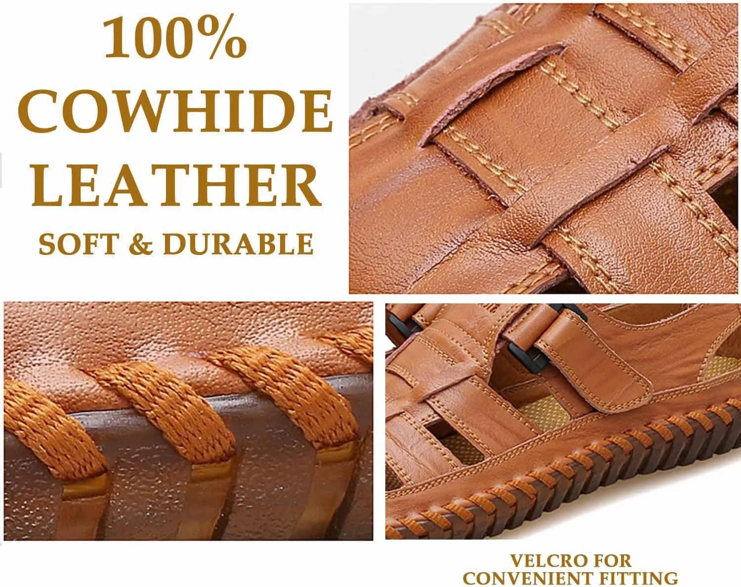 Bitiger Mens Closed Toe Leather Sandals Outdoor Adjustable Fisherman Sandals