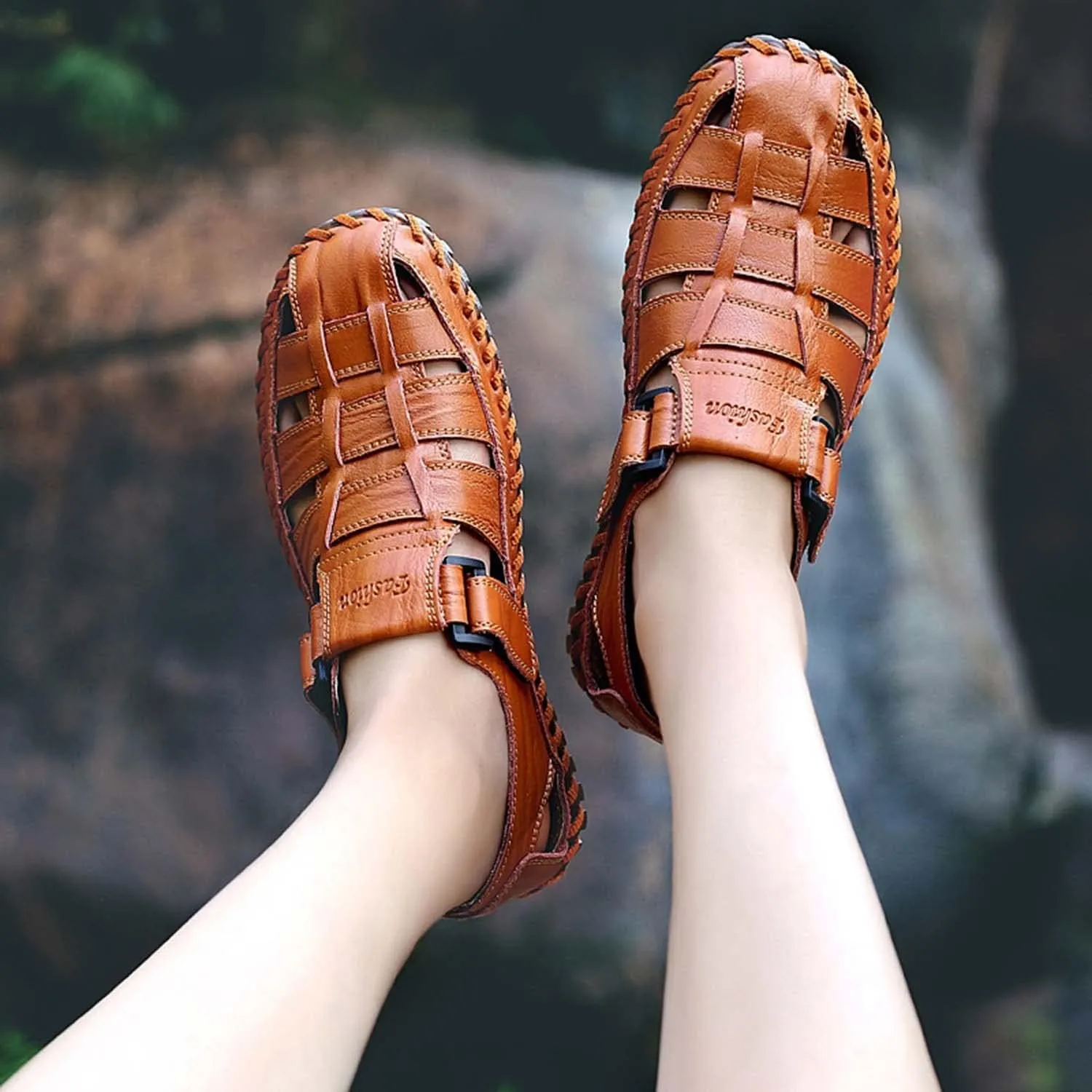 Bitiger Mens Closed Toe Leather Sandals Outdoor Adjustable Fisherman Sandals