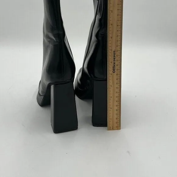 Black Women’s Black Leather Lightweight Platform High Chunky Heels Ankle Boot