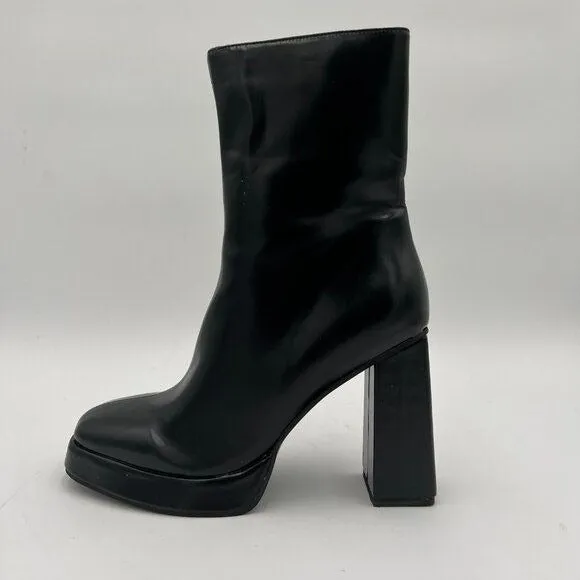 Black Women’s Black Leather Lightweight Platform High Chunky Heels Ankle Boot