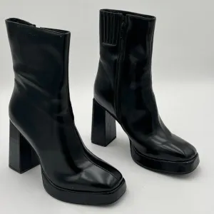 Black Women’s Black Leather Lightweight Platform High Chunky Heels Ankle Boot