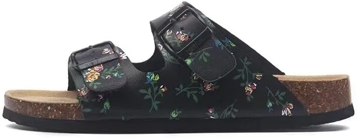 Buckle flat cork slippers summer men's and women's beach line button increase outdoor leisure slippers (Black Rose, Adult, Women, 4.5, Numeric Range, US Footwear Size System, 9, Medium)