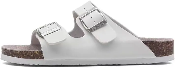 Buckle flat cork slippers summer men's and women's beach line button increase outdoor leisure slippers (White, Adult, Women, 7, Numeric Range, US Footwear Size System, 10, Medium)