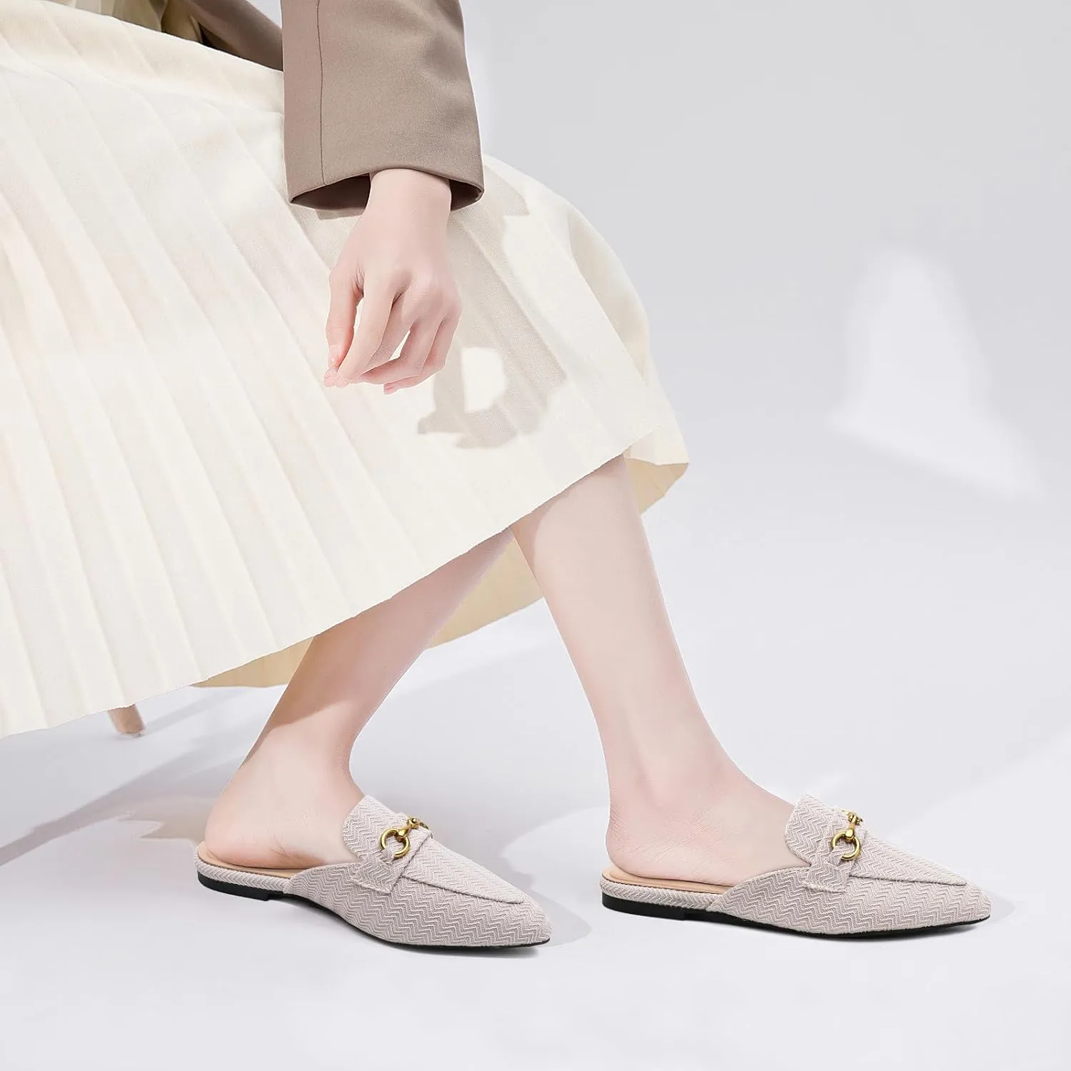 Buckle Mules for Women Pointed Toe Backless Flat Mules Slip on Slides Loafer Shoes