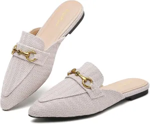 Buckle Mules for Women Pointed Toe Backless Flat Mules Slip on Slides Loafer Shoes