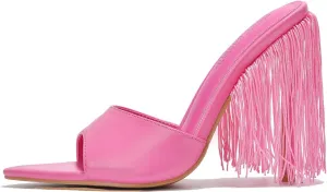 Cape Robbin Women's Fringe Open Toe Mule Slip on Stiletto Heel Sandals