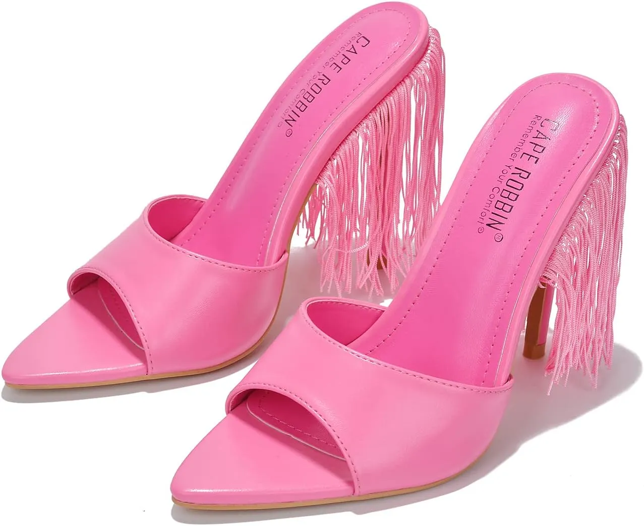 Cape Robbin Women's Fringe Open Toe Mule Slip on Stiletto Heel Sandals