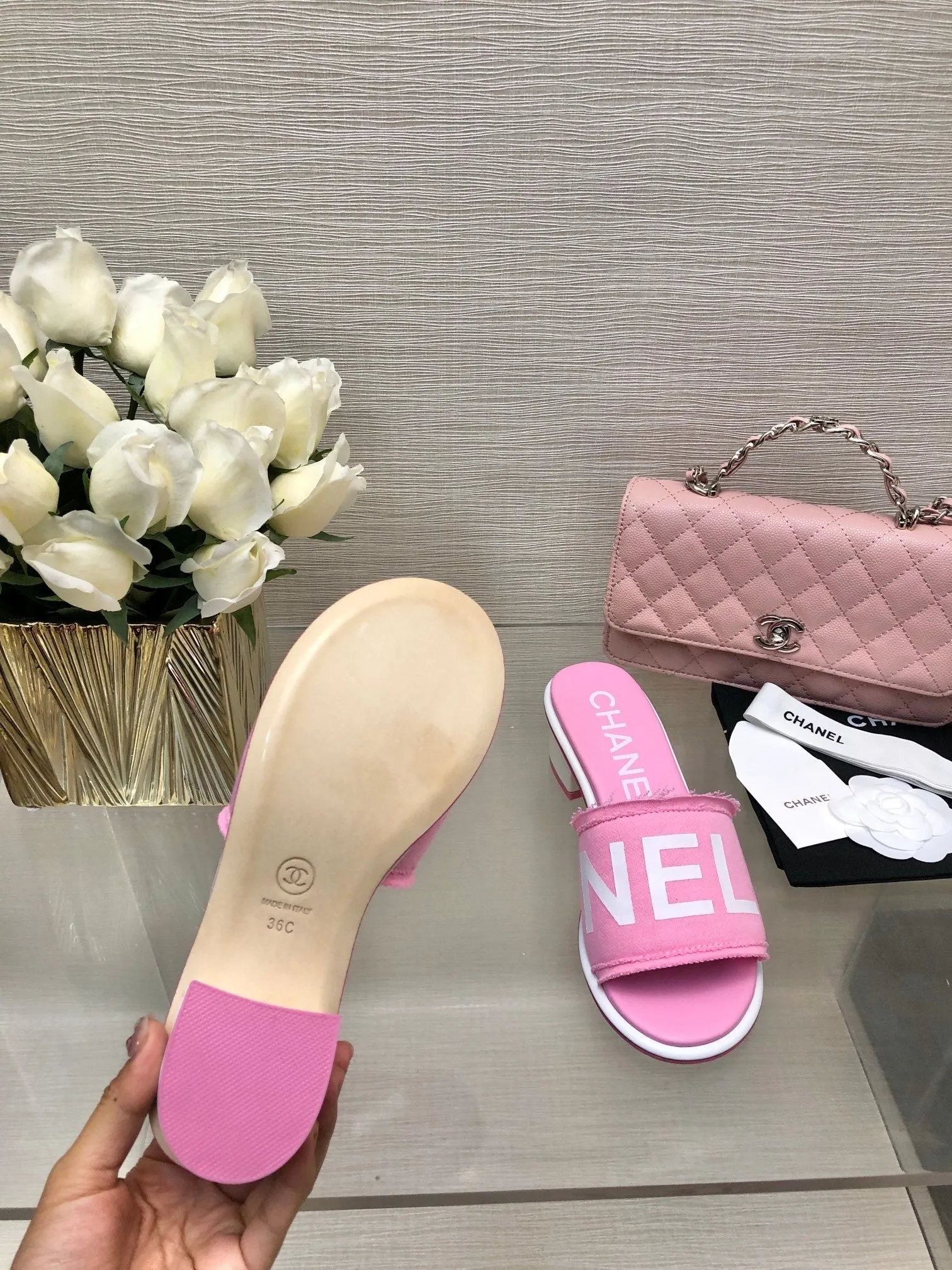 CC 25C Mid Heel Mule Pink Fabric Material 212962