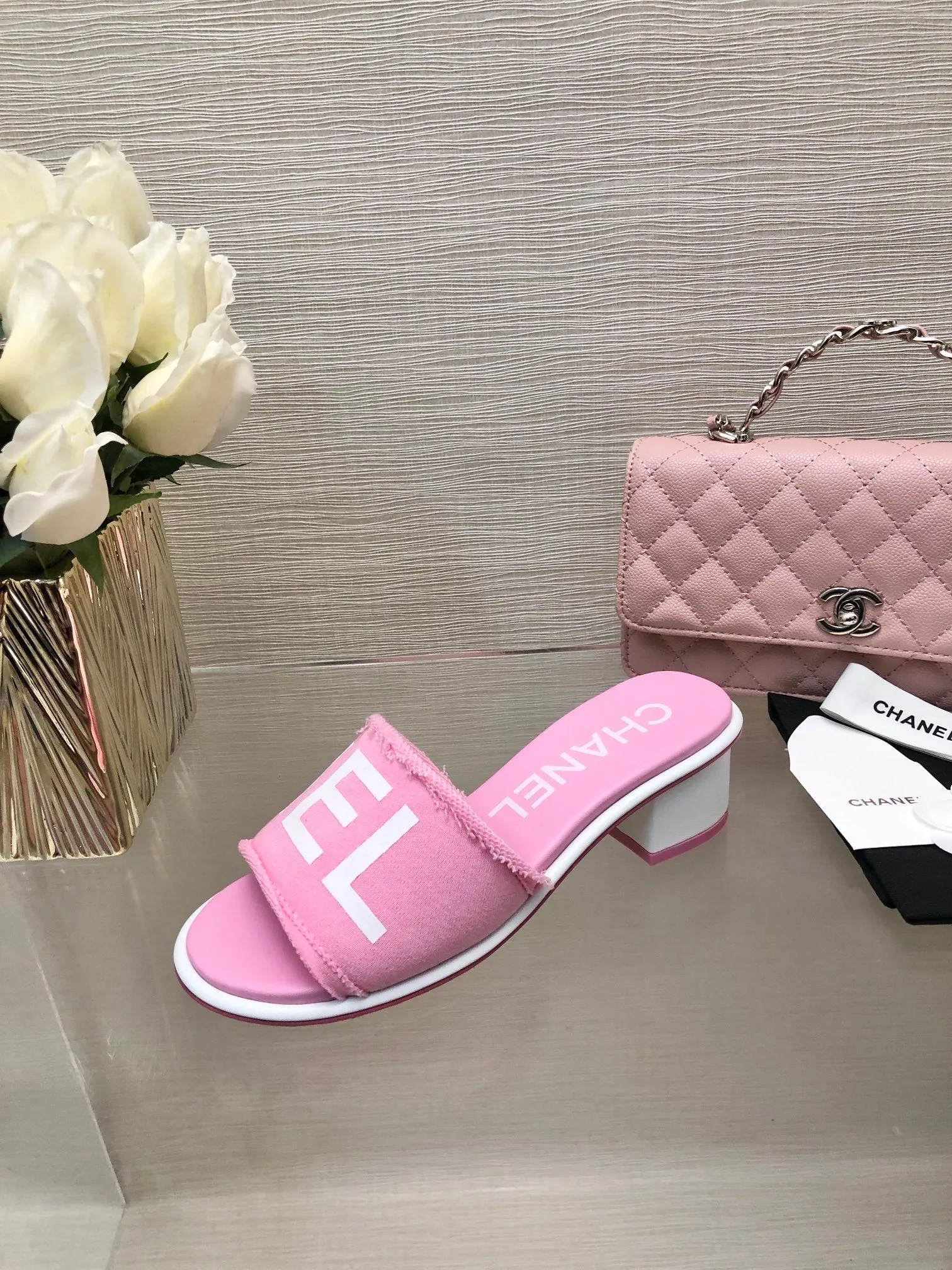 CC 25C Mid Heel Mule Pink Fabric Material 212962
