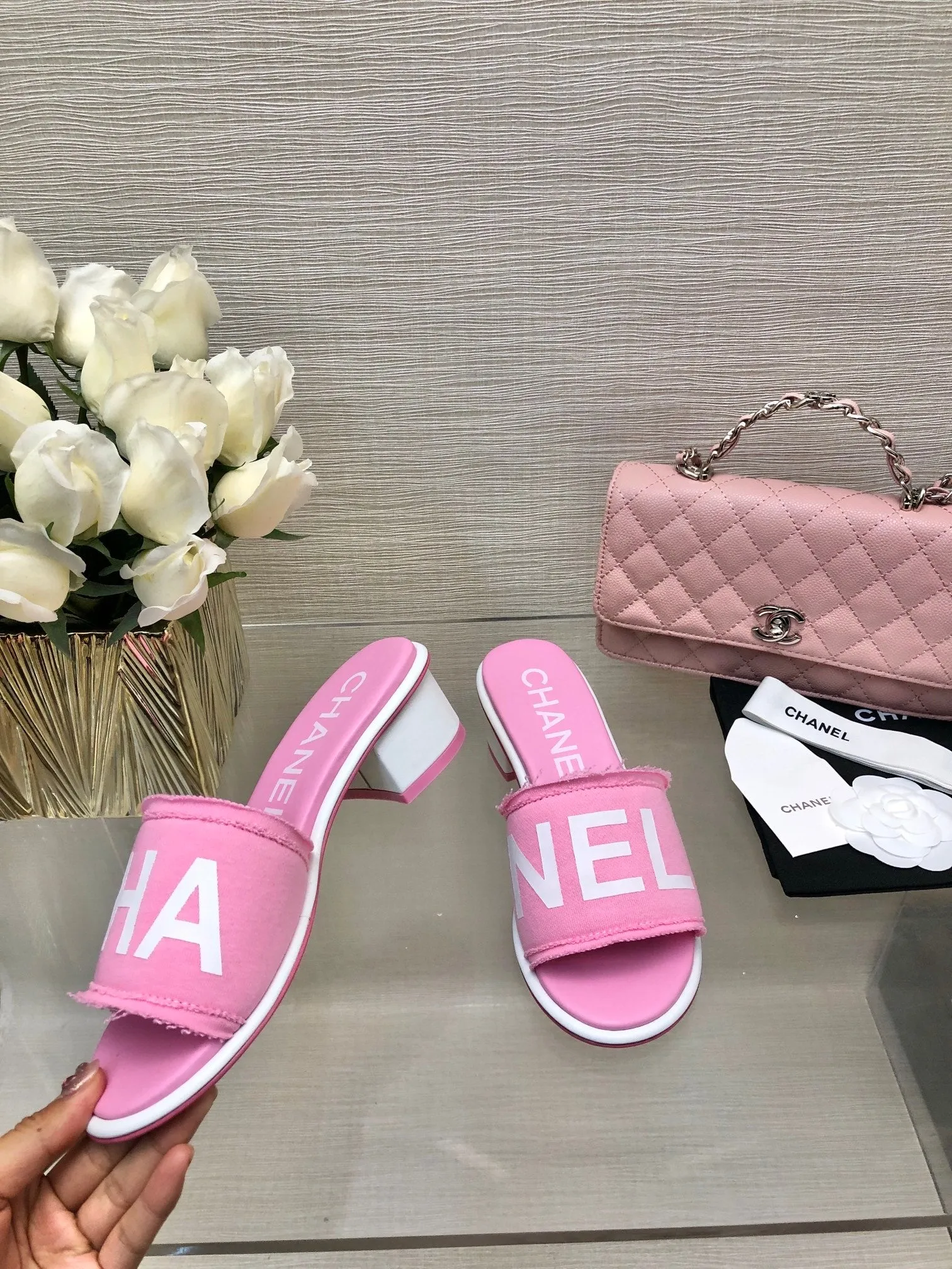 CC 25C Mid Heel Mule Pink Fabric Material 212962