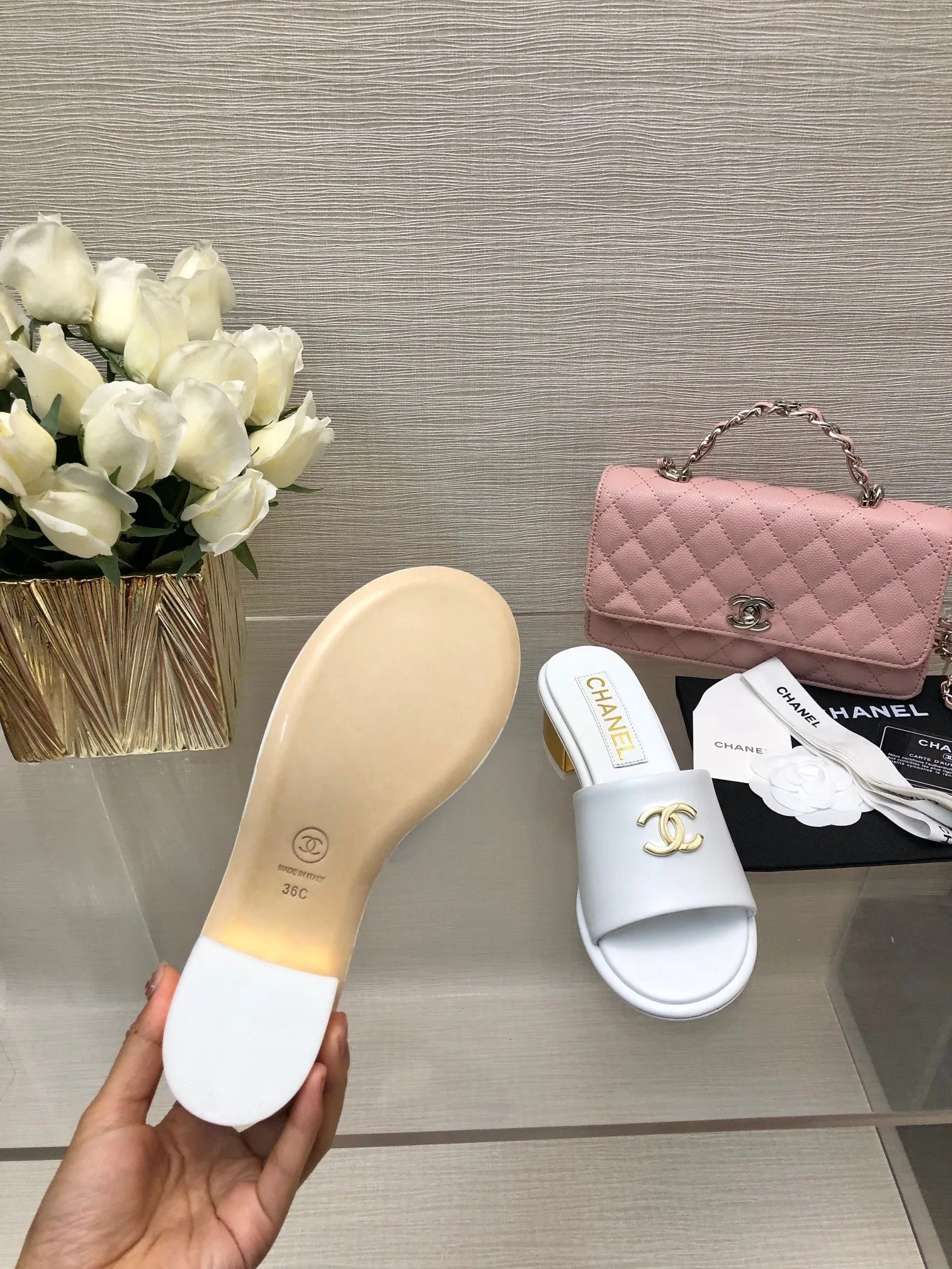 CC 25C Mid Heel Mule White Genuine Calfskin 212954