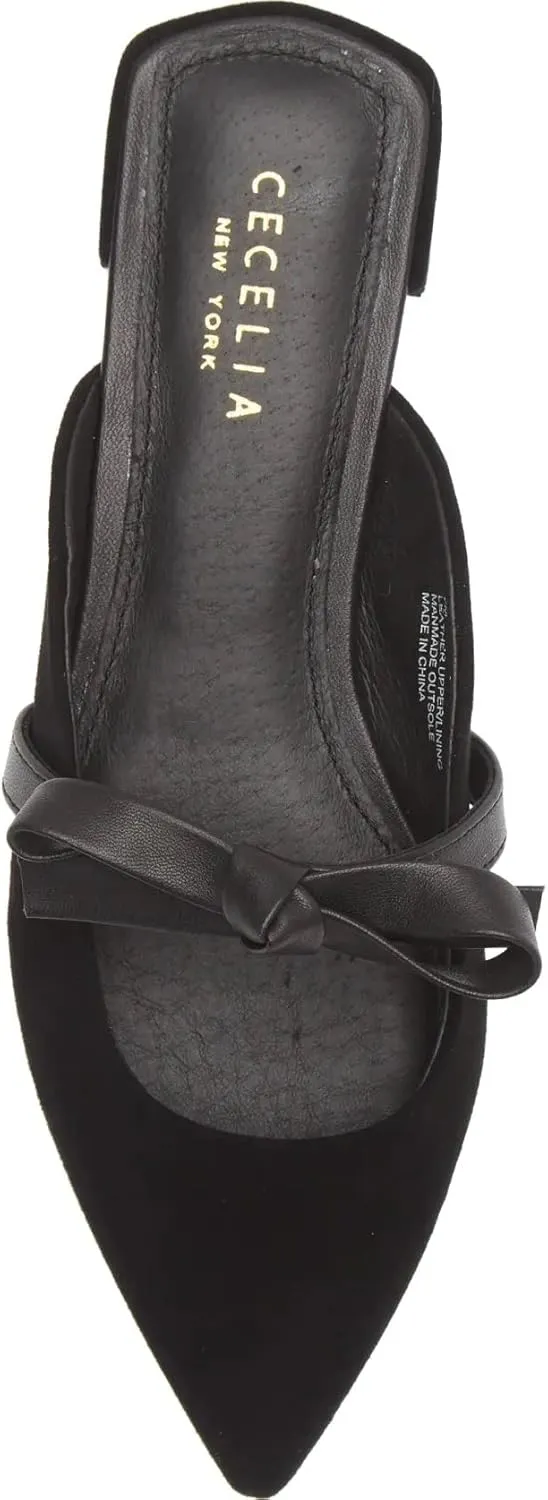 Cecelia New York Bethel Flat Mule Leather Bow Slip On Pointy Toe Flat Sandals, 8.5