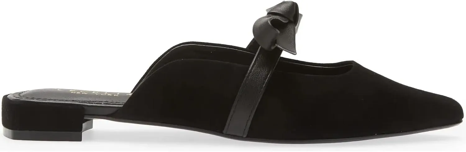 Cecelia New York Bethel Flat Mule Leather Bow Slip On Pointy Toe Flat Sandals, 8.5