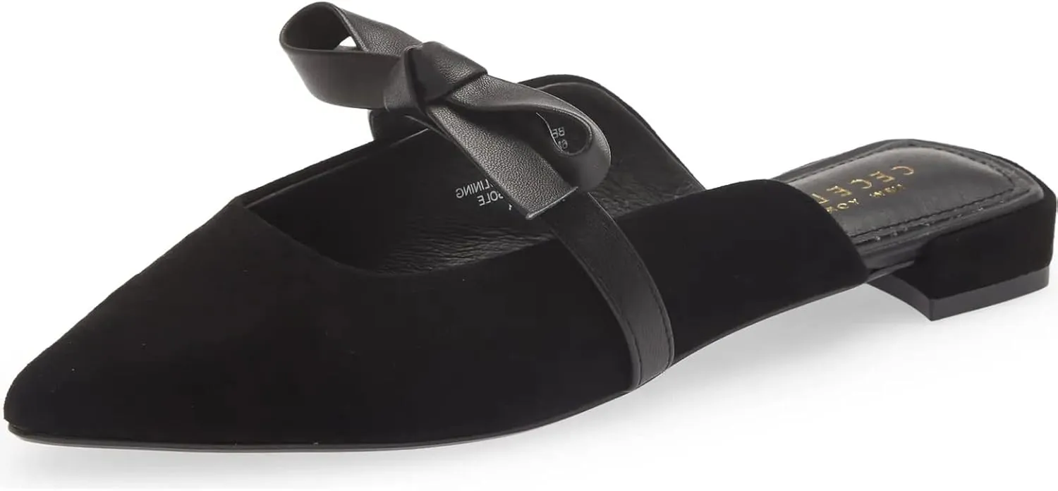 Cecelia New York Bethel Flat Mule Leather Bow Slip On Pointy Toe Flat Sandals, 8.5