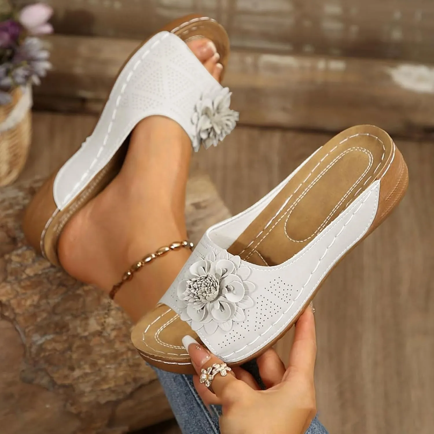 Chic Flowers Orthopedic Sandals for Women Arch Support Fish Mouth Open Toe Leather Slippers Wedge Platform Sandal