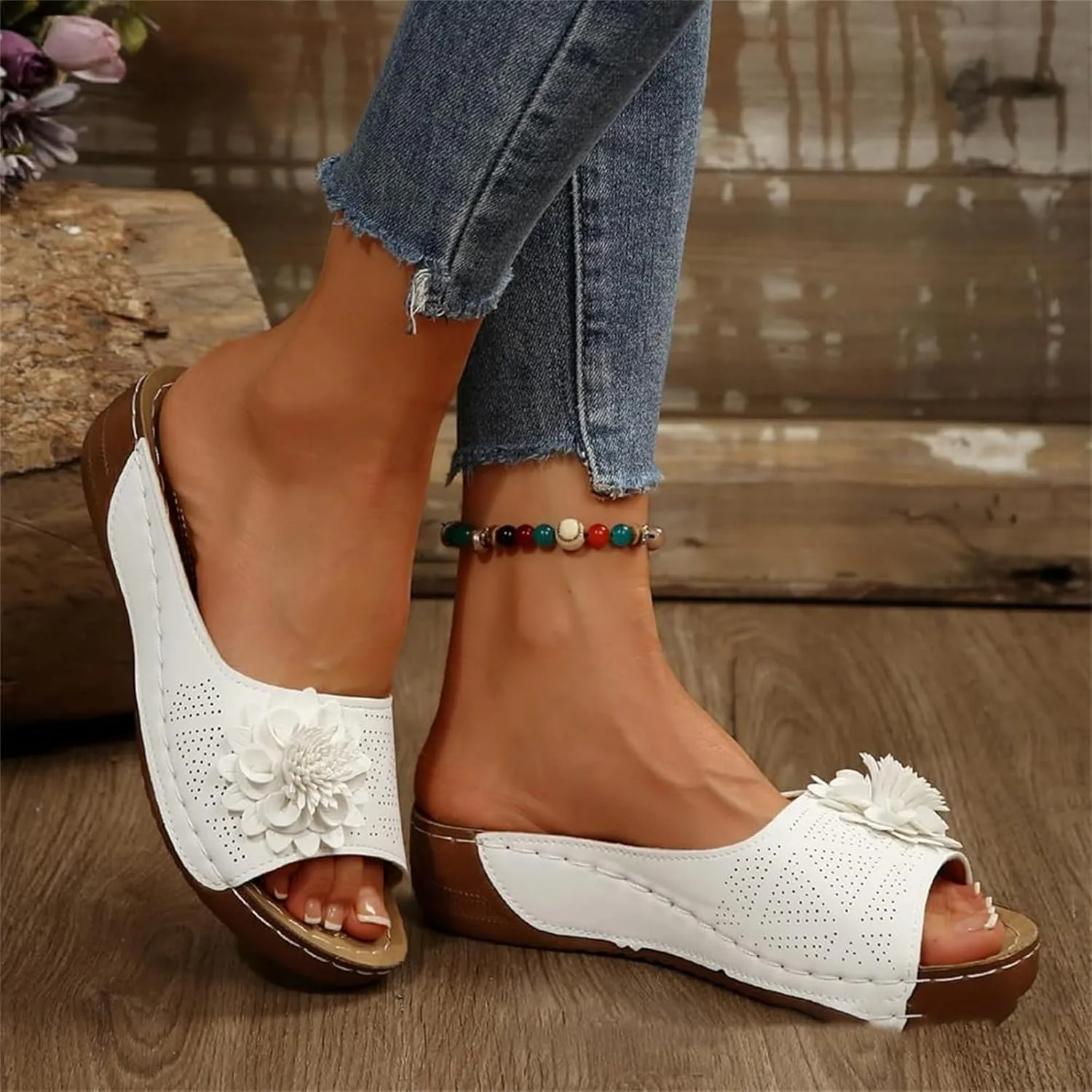 Chic Flowers Orthopedic Sandals for Women Arch Support Fish Mouth Open Toe Leather Slippers Wedge Platform Sandal