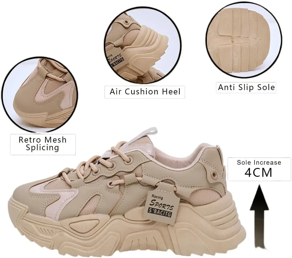 Chunky Sneakers for Women,Anti Slip Fashionable Retro Height Increasing Lace up Shoes,Breathable Verastile Casual Style