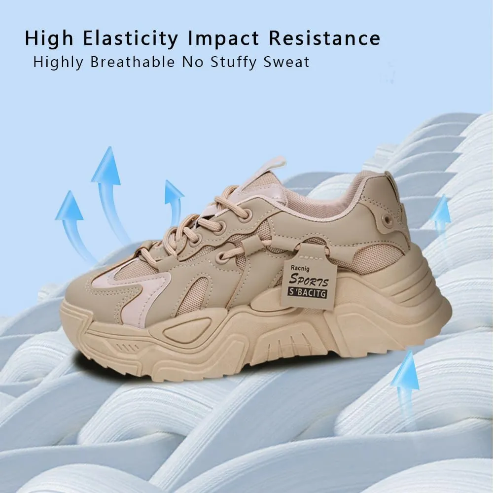Chunky Sneakers for Women,Anti Slip Fashionable Retro Height Increasing Lace up Shoes,Breathable Verastile Casual Style