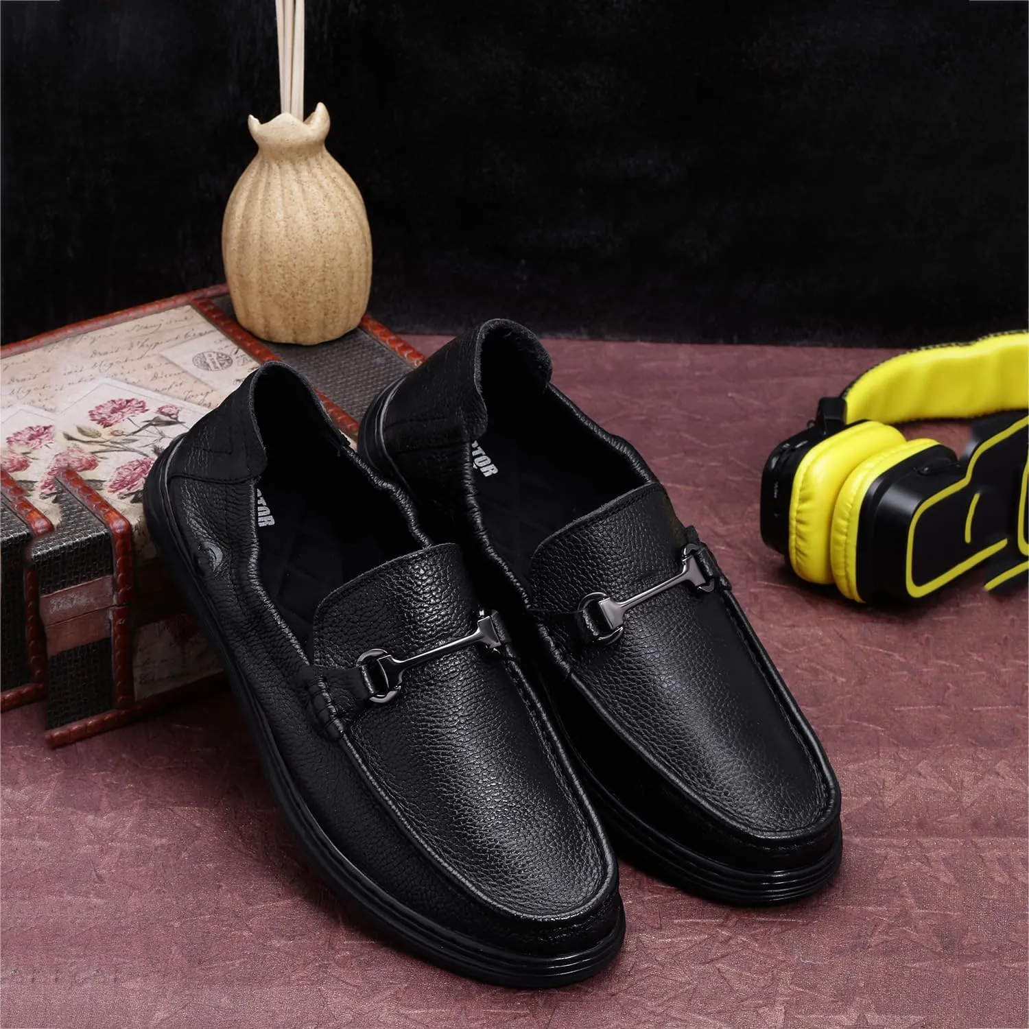 Classic Genuine Leather Formal Shoes for Men with Memory Foam Cushion| Ultra Lightweight & Comfortable|Stylish & Flexible|Parties,Occasions,Office,Wedding,Casual|Black Slip On D-806