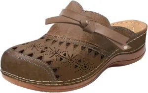 Clogs for Women Comfort Orthopedic Sandals Soft Cork Footbed Leather Mules Shoes Vintage Hollow Out Breathable Platform Wedge Sandals Arch Support Outdoor Beach Slippers Closed Toe Slippers