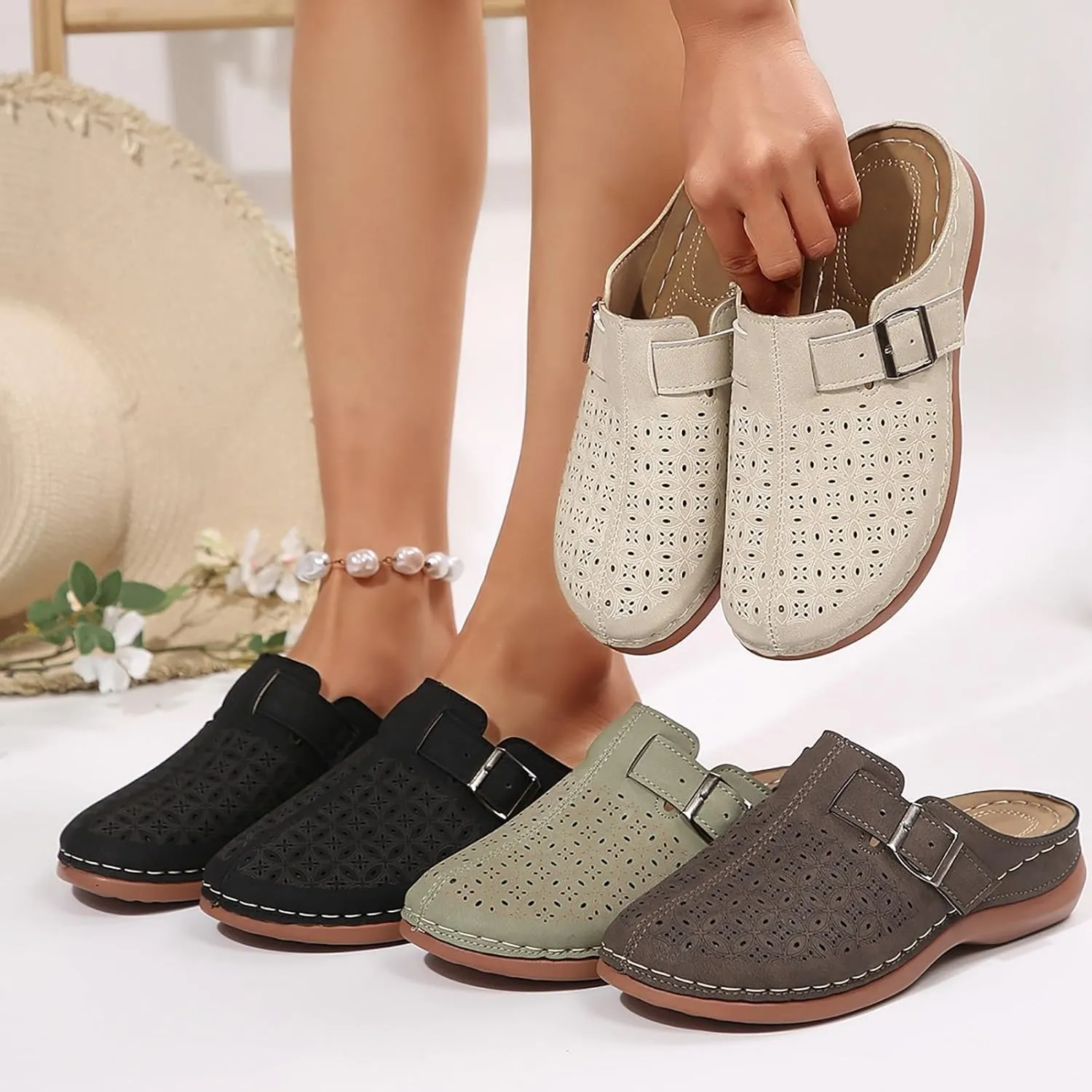 Clogs for Women Mules Slip on Summer Breathable Hollow Out Closed Toe Sandals Casual Lightweight Backless Slide Loafers Comfortable Simple Summer Vacation Flat Shoes