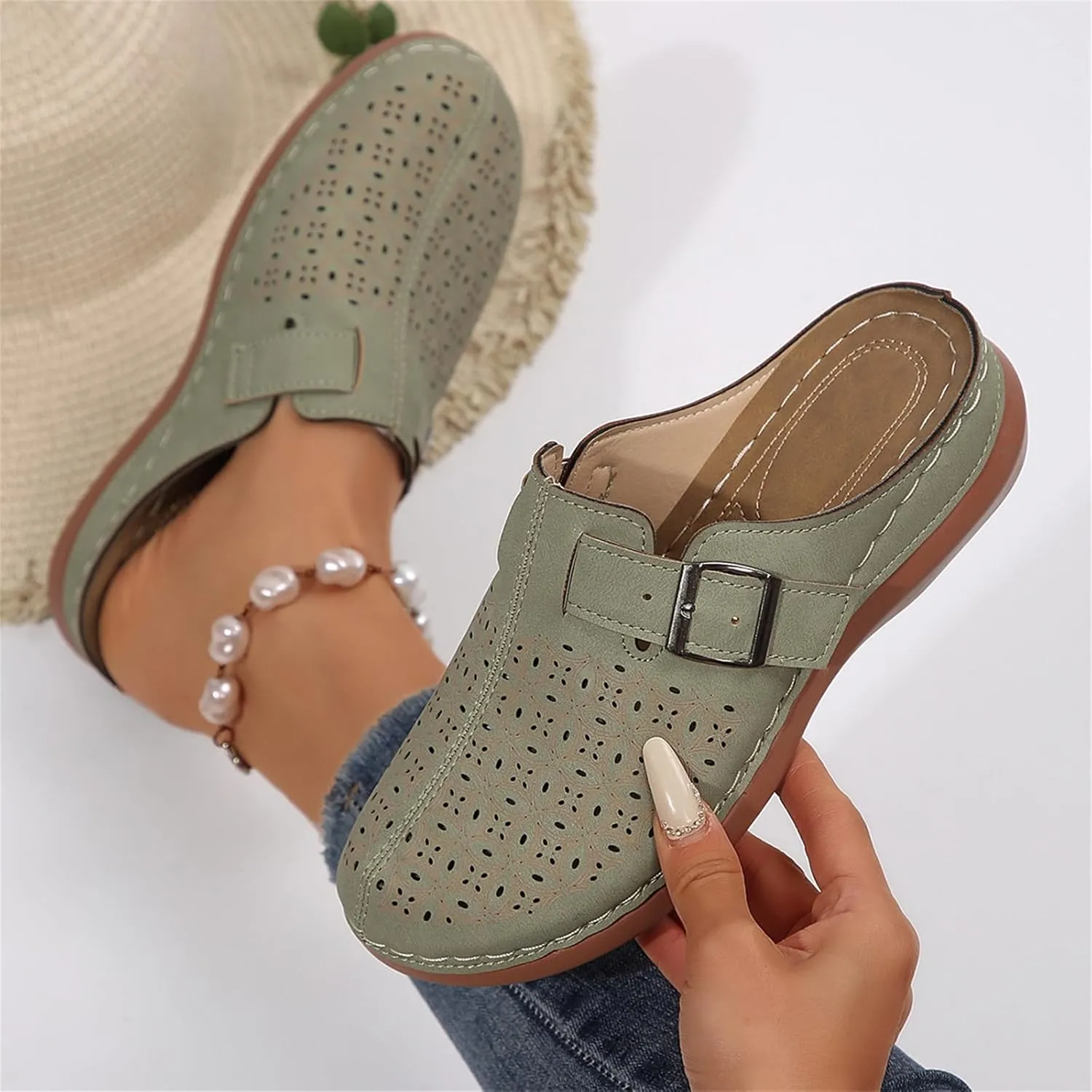 Clogs for Women Mules Slip on Summer Breathable Hollow Out Closed Toe Sandals Casual Lightweight Backless Slide Loafers Comfortable Simple Summer Vacation Flat Shoes