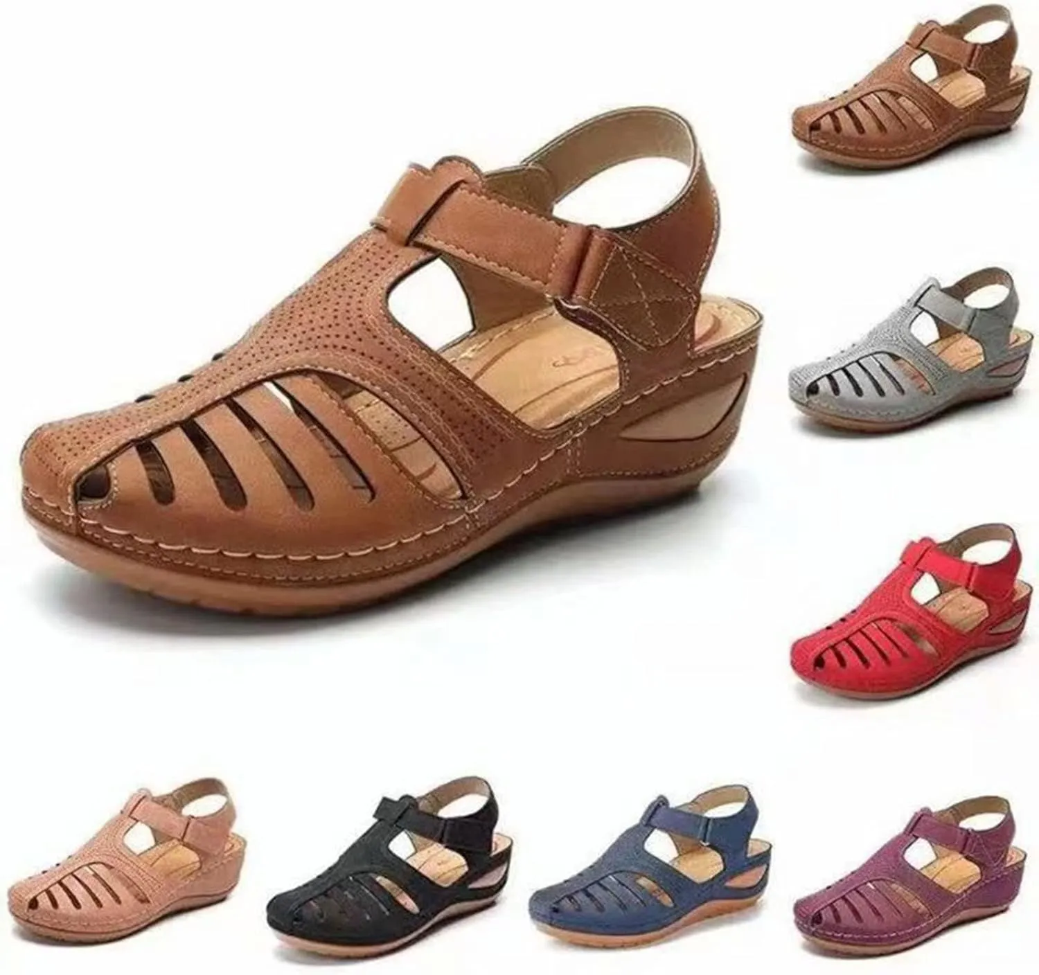 Closed Toe Sandals Women Arch Support Sandals Dressy Summer Ankle Strap Non-Slip Hollow Out Wedge Sandal Beach Shoes