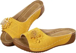 Comfort Sandals for Women Summer Wedge Low Heel Open Toe Slides Trendy Casual Flower Color Block Wedge Sandals Breathable Slip On Orthopedic Arch Support Shoes