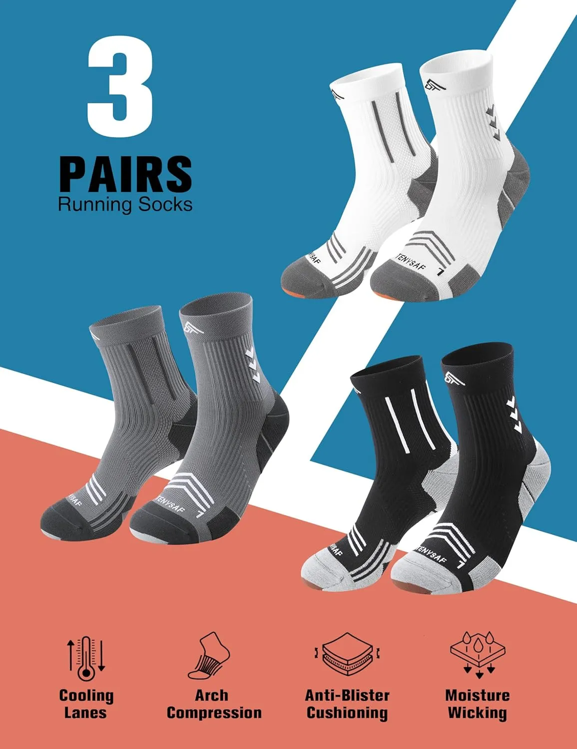 Compression Sport Running Socks: Athletic Crew Socks for Men Women Cycling Hiking Basketball Work,3 Pairs